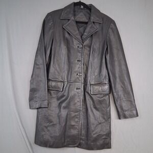 Jacqueline Ferrar Womens Large Tall Black Leather Coat Button Front Classic Styl